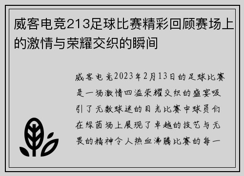 威客电竞213足球比赛精彩回顾赛场上的激情与荣耀交织的瞬间