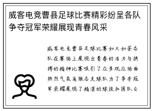 威客电竞曹县足球比赛精彩纷呈各队争夺冠军荣耀展现青春风采