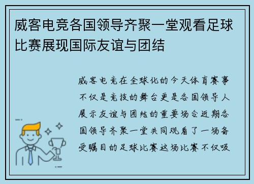 威客电竞各国领导齐聚一堂观看足球比赛展现国际友谊与团结