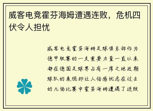 威客电竞霍芬海姆遭遇连败，危机四伏令人担忧