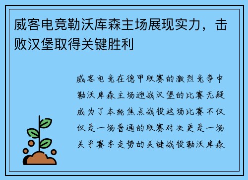 威客电竞勒沃库森主场展现实力，击败汉堡取得关键胜利
