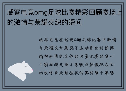 威客电竞omg足球比赛精彩回顾赛场上的激情与荣耀交织的瞬间