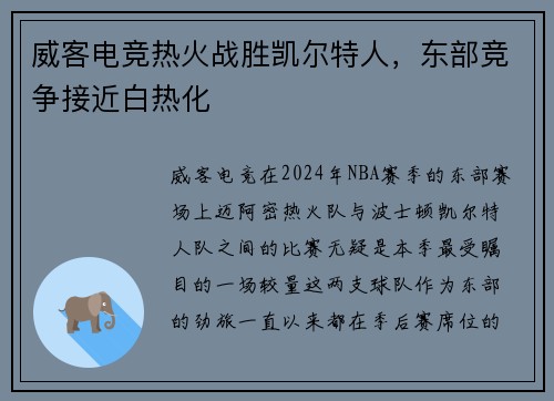威客电竞热火战胜凯尔特人，东部竞争接近白热化