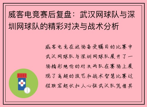 威客电竞赛后复盘：武汉网球队与深圳网球队的精彩对决与战术分析