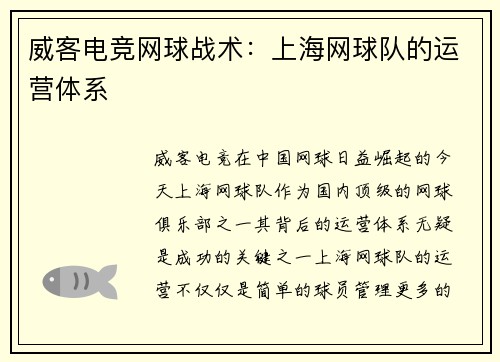 威客电竞网球战术：上海网球队的运营体系