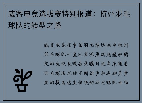 威客电竞选拔赛特别报道：杭州羽毛球队的转型之路
