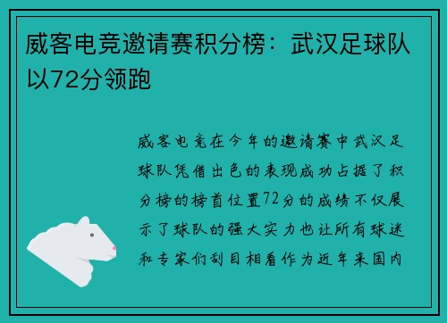 威客电竞邀请赛积分榜：武汉足球队以72分领跑