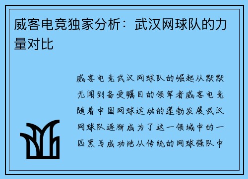 威客电竞独家分析：武汉网球队的力量对比