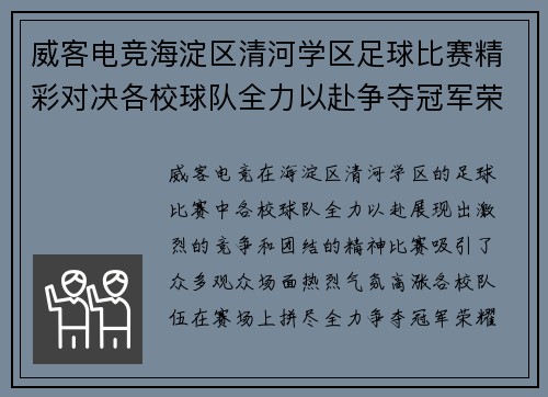 威客电竞海淀区清河学区足球比赛精彩对决各校球队全力以赴争夺冠军荣耀