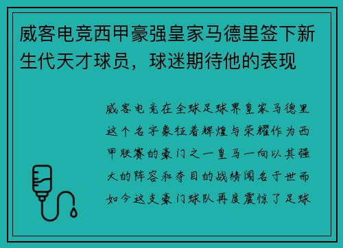 威客电竞西甲豪强皇家马德里签下新生代天才球员，球迷期待他的表现